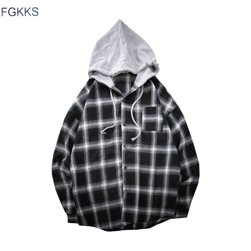 

FGKKS Men Hooded Plaid Shirts Spring Summer Men's Long Sleeve Shirts Casual Brand Male Thin Section Shirt Tops, White