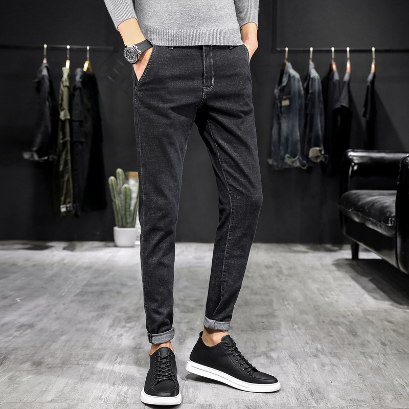 

Autumn New Jeans Men's Slim Stretch Korean Style Casual Pencil Pants Men's Cotton Fashion Denim Casual Pants Size -38, Black