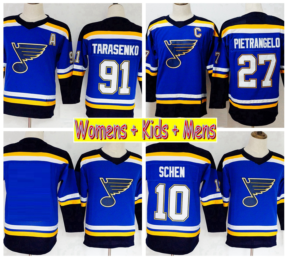 

2019 Ladies St. Louis Blues Hockey Jerseys 91 Vladimir Tarasenko 27 Alex Pietrangelo 10 Brayden Schenn Blue Kids Womens Mens Stitched Shirts, Blue 27
