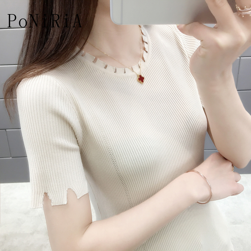 

for 45kg -65kg/99lb-143lb Casual Korea Style Spring women's knitted sweater solid color Short Sleeve pullover Female, Beige