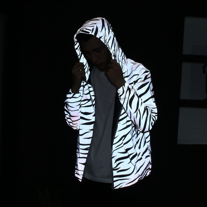 

Dancer singer performance clothes Zebra Stripe Reflective Coat Couples Fashion Hoodie Men women Jacket Windbreaker Cardigan, Gray