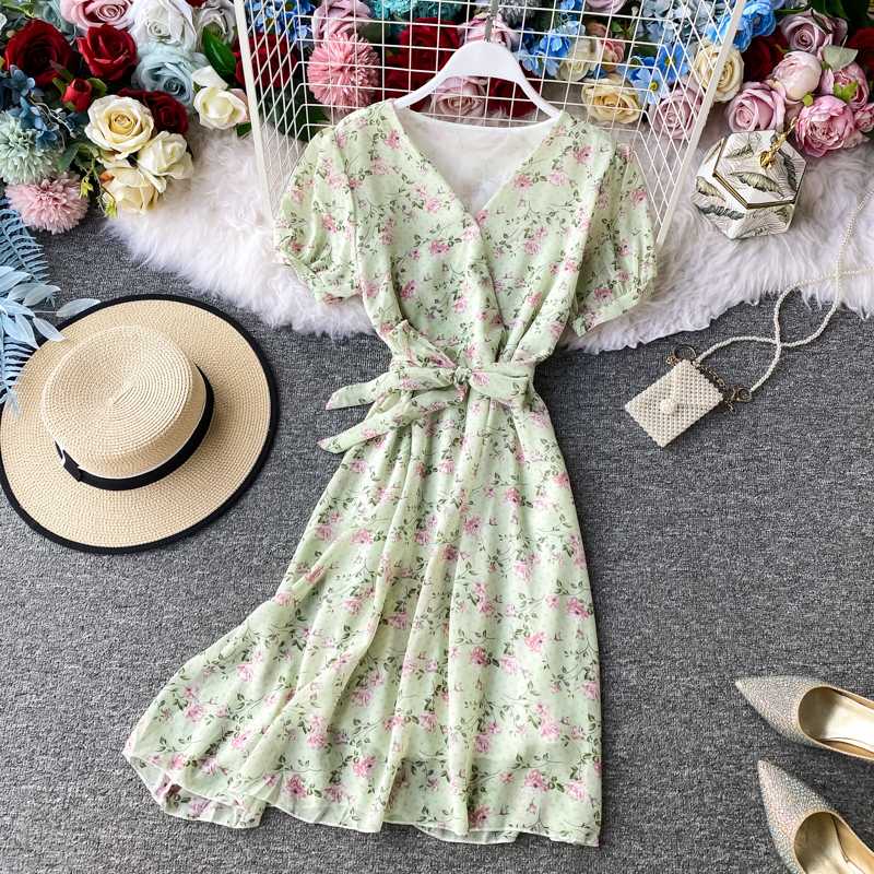 

FMFSSOM Summer Spring Floral Printed V-neck Sashes Puff Sleeve Vintage Women Female A-line High Waist Midi Dress, White
