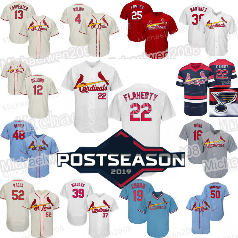 

2019 Postseason baseball Jersey 22 Jack Flaherty St. Louis Paul DeJong Goldschmidt Yadier Molina Matt Carpenter Fowler Bader Wong Ozuna Card, Blue;black