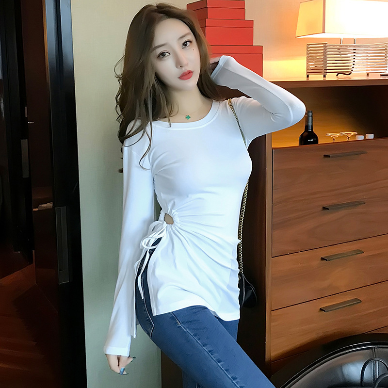 

2019 New Style Sexy Tight Slim Fit Drawstring Irregular Slit Slimming T-shirt 302hf218, Red
