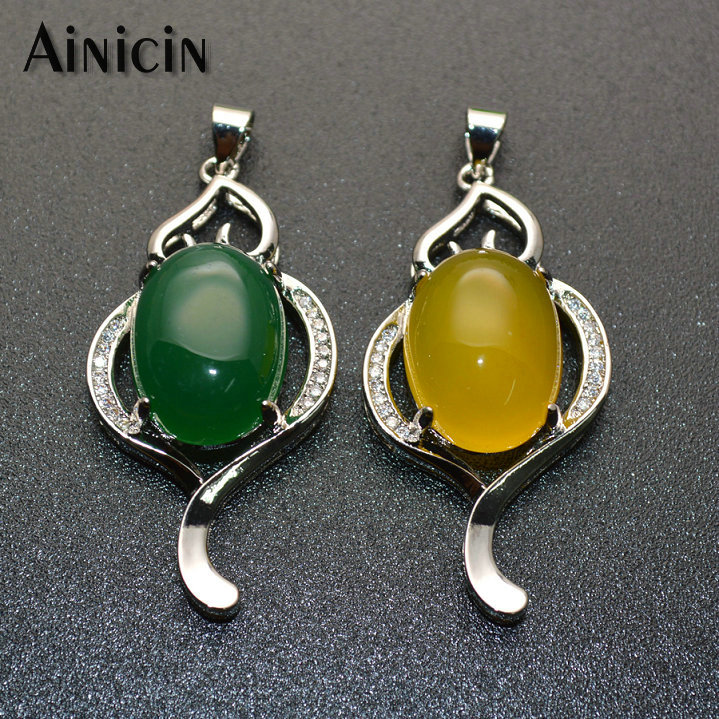 

Lockets High Quality Natural Semi-precious Stone Oval Shape Yellow Green Agate Setting Silver Pendant For Necklace Making Findings 5pcs