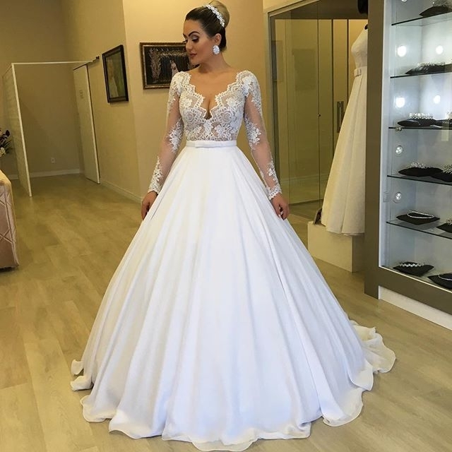 

Princess Ball Gown Wedding Dresses Lace Bridal Wedding Wear with Long Sleeve Sheer Back with Zipper suknia slubna, Pink