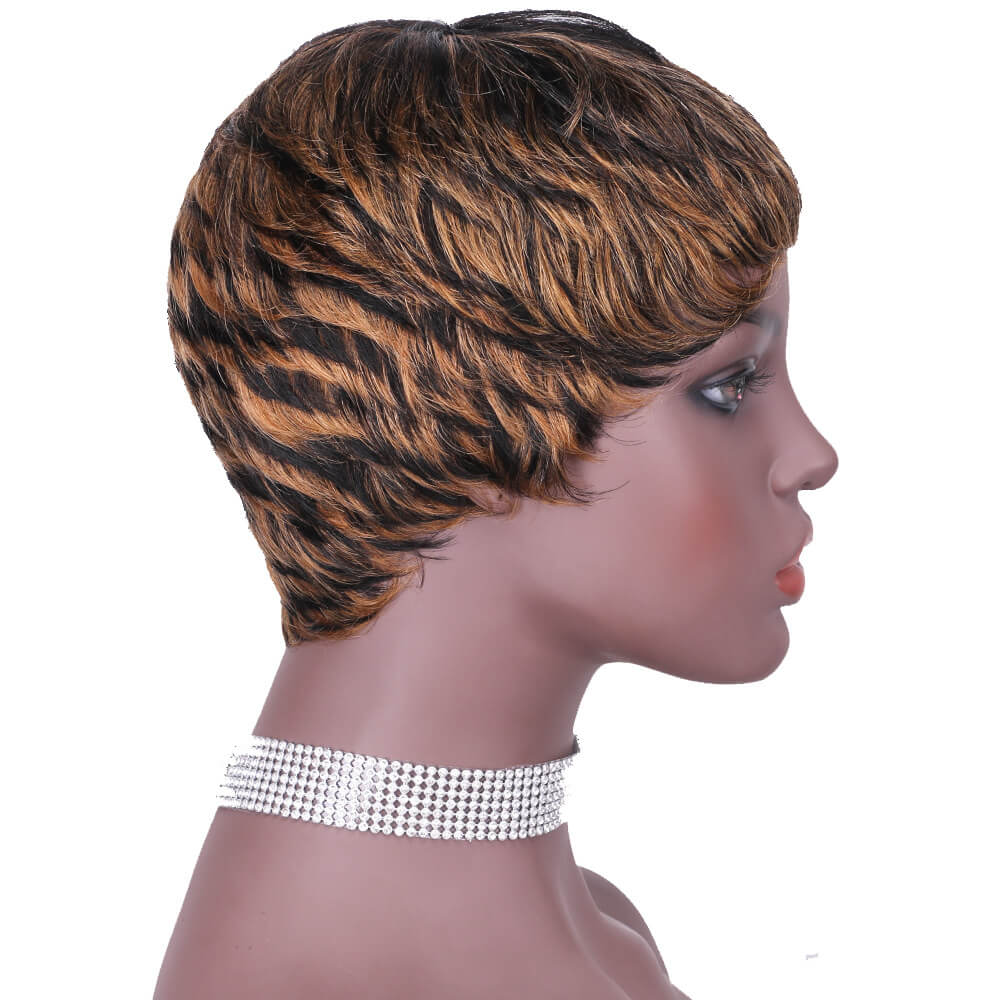 

Cool Remy Wavy F1/27 Human hair machine wig new arrival short tiger capless wigs none lace frontal wig ombre brown marley women, Mix brown tiger grouper
