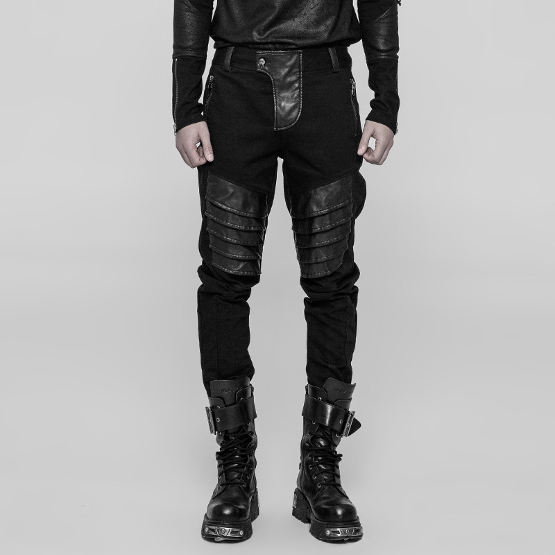 

PUNKRAVE Men's Punk PU Leather Armor Trousers Personality Handsome Metal Zipper Decoration Twill Denim Streetwear Long Pants, Black