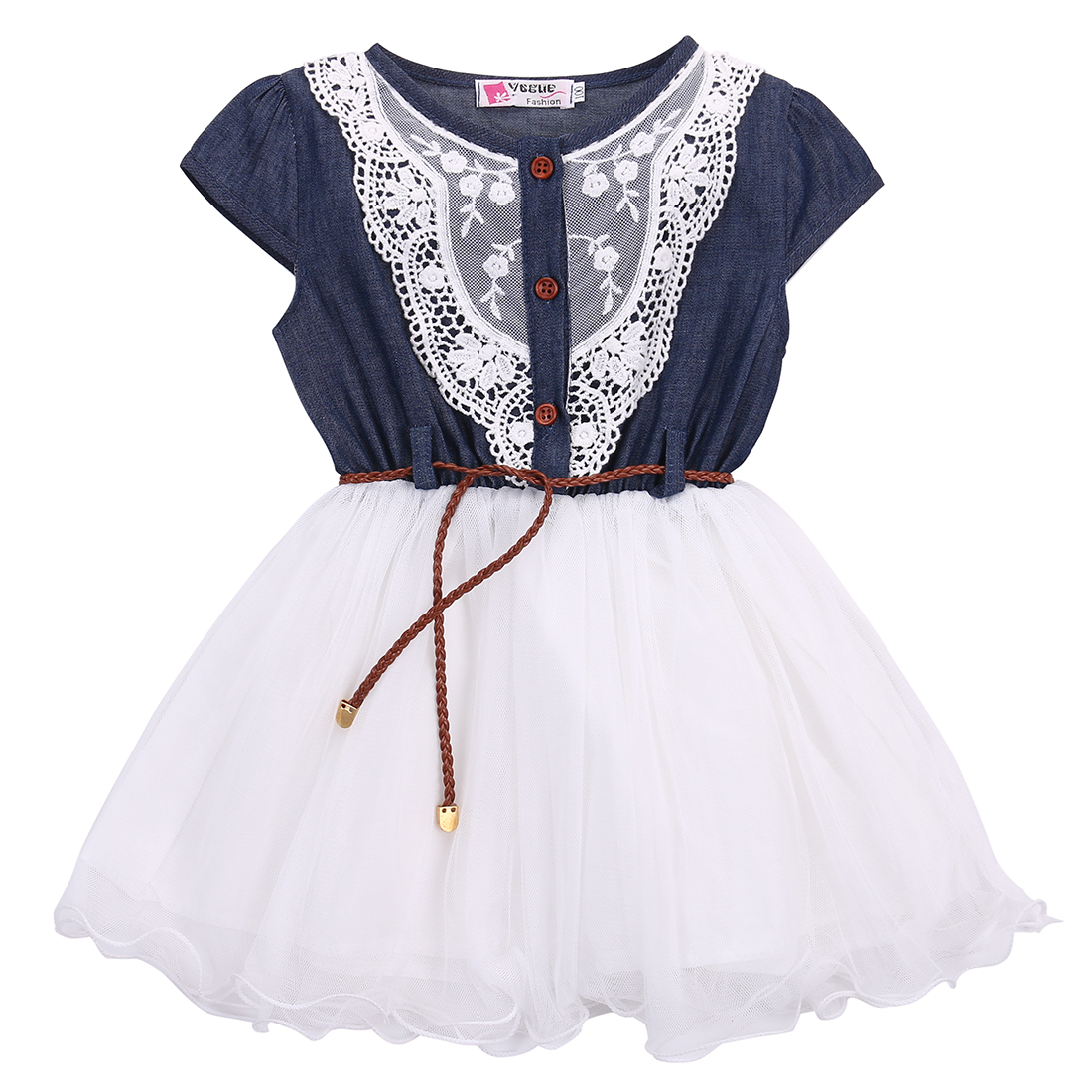 

2019 Princess Girls Baby Kids Party Lace Dress With Leather Belt Denim Tops Tulle Gown Dresses 1-6Y, White