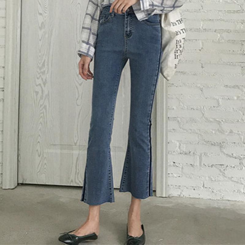 

YAN QING HUAN 2020 Autumn New Women' Korean Version Of Slim Thin Nine Points Jeans High Waist Solid Color Micro-flare Pants, Wangs18.3.23