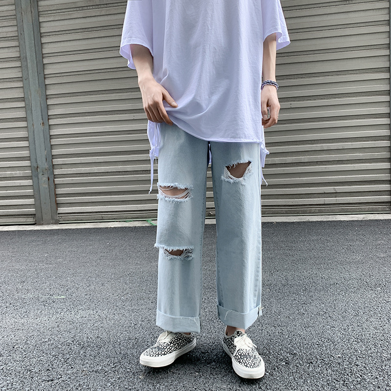 

2020 Summer Hole Hommes Jeans Men Loose Casual Pantalon Straight Pants -2XL Trend Beggar Pants Ropa De Hombre 2020 Baggy Jeans, Blue