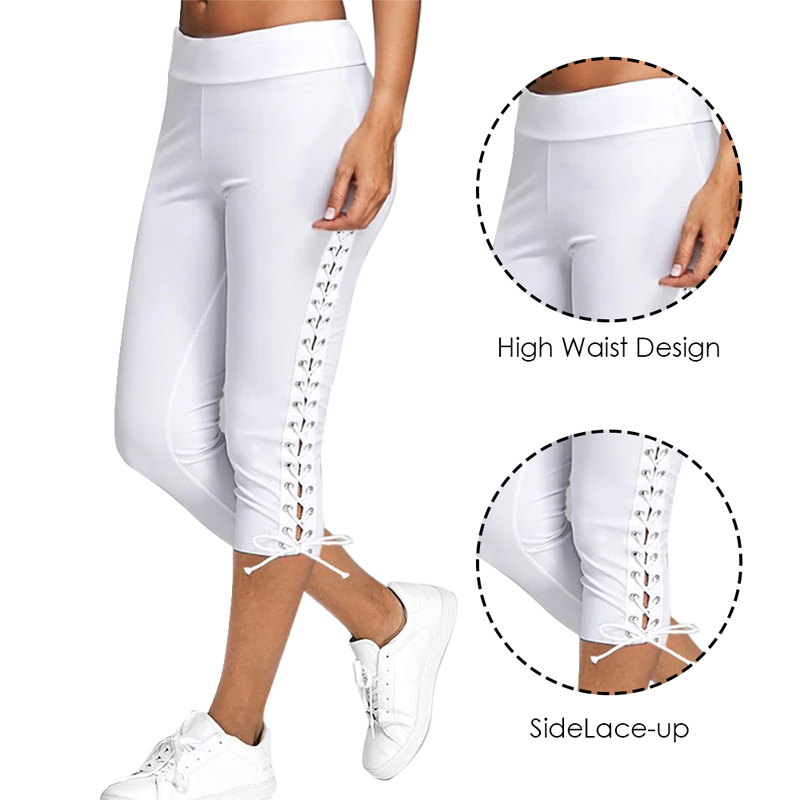

2020 Lace Up Capri Leggings Casual High Waist Women Side Bandage Women Leggings Bottoms Trouser Solid White Black, 02
