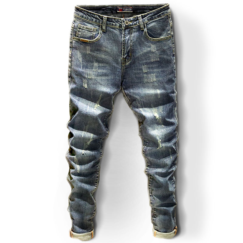 

Blue Scratched Jeans Men's Slim Fit Stretch Pencil Pants Fashion Korean Style