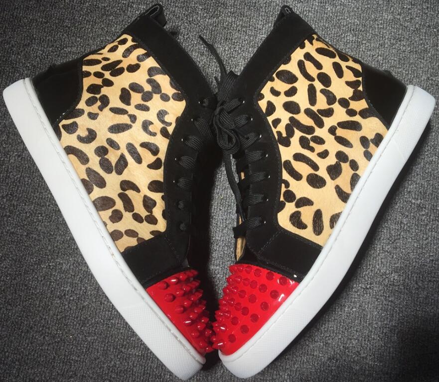 

High quality designer red bottom sneakers for men with Spikes Luxury fashion casual mens shoes men High Top Leopard pattern shoes size 35-47, S2