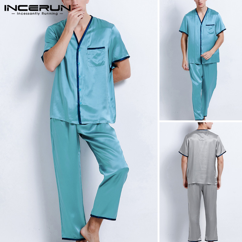

INCERUN 2020 Men Pajamas Sets Short Sleeve V Neck Tops Soft Pants Sexy Cozy Nightgown Fashion Men Sleepwear Sets Homewear -5XL, Blue