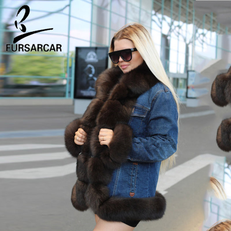

FURSARCAR 2018 Fashion Women Parka Fur Coat Winter Real Fur jacket Thick Warm Natrual Collar Parkas Real Parka, Light sable color