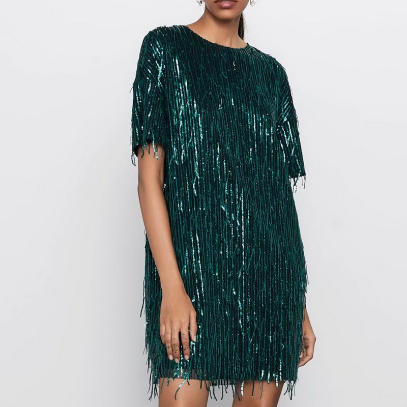 

Shiny Sequins Tassel Women Dress Autumn 2019 New Fashion Short Sleeve O-Neck Modern Lady Mini Dresses Feminino Vestidos, Black