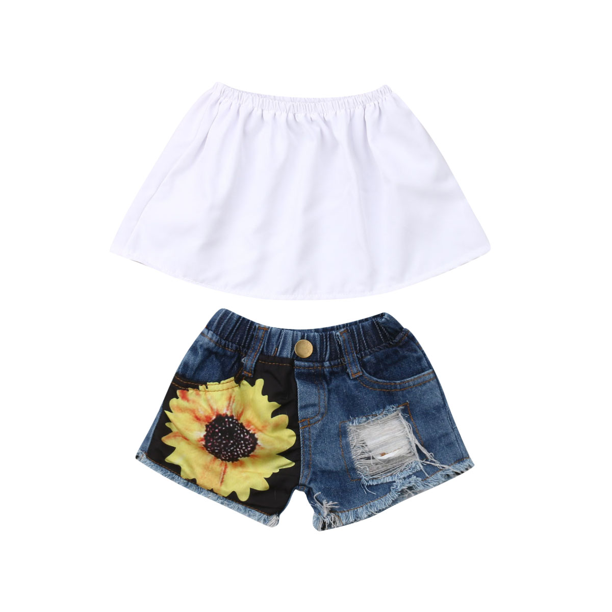 Baby Girl Summer Clothes Set 2019 Fashion 2Pcs Outfits Sleeveless Ruffles Wrap Chest Crop Tops+Sunflowers Ripped Hole Shorts Set-image-471148063