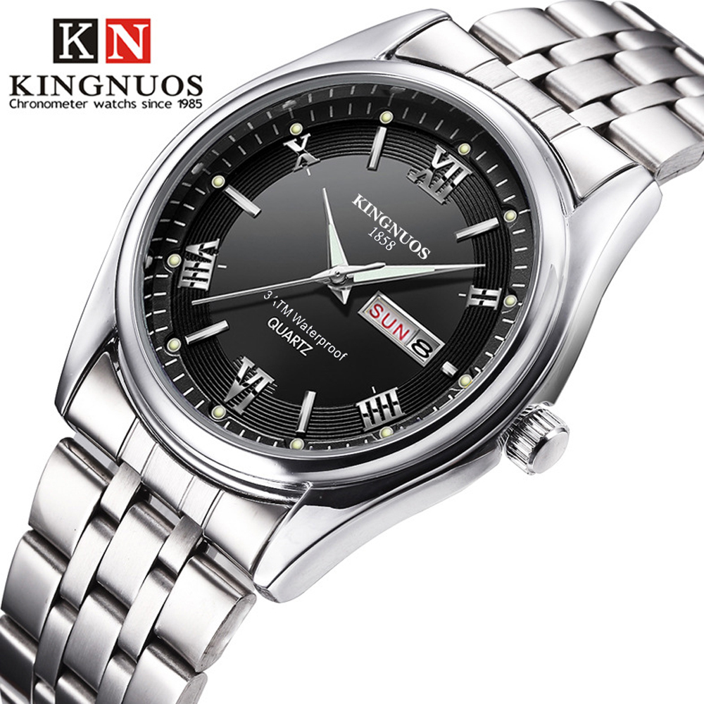 

Men Watches 2019 Brand New Kingnuos Steel Waterproof Quartz Wristwatch for Men Saat Date Week Display Luminous Hour Reloj Hombre LY191226, Ssilver black