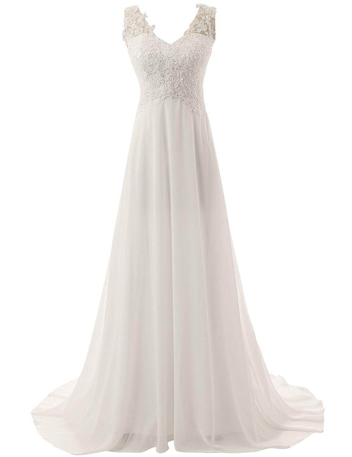 

Stock A-Line Ivory V Neck Wedding Dresses Bridal Gowns With Appliques Floor-Length Wedding Party Size 16w QC1401