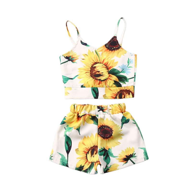 

Baby Girl Sunflower Print 2 Piece Set Sleeveless Camisole Top Shorts 1-6Years, As pic