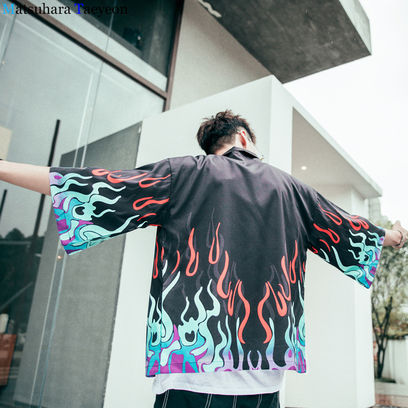 Sweetown Casual Flame Print Harajuku Men Jacket Streetwear Flaming Fire Graphic Fashion Kimono Crop Top Clothes