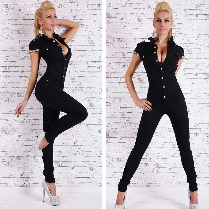 

Fashion Women Long Jumpsuit Sexy Deep V Neck Jean Jumpsuits Buttons Chain Black Overalls For Women Rompers Autumn