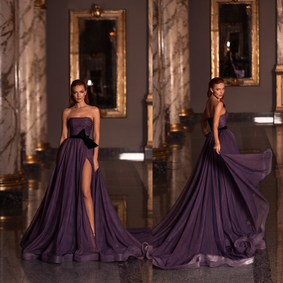 

Side Split A Line Prom Dresses Strapless Bow Sleeveless Tulle Party Gowns Sweep Train Prom Gowns, Hunter