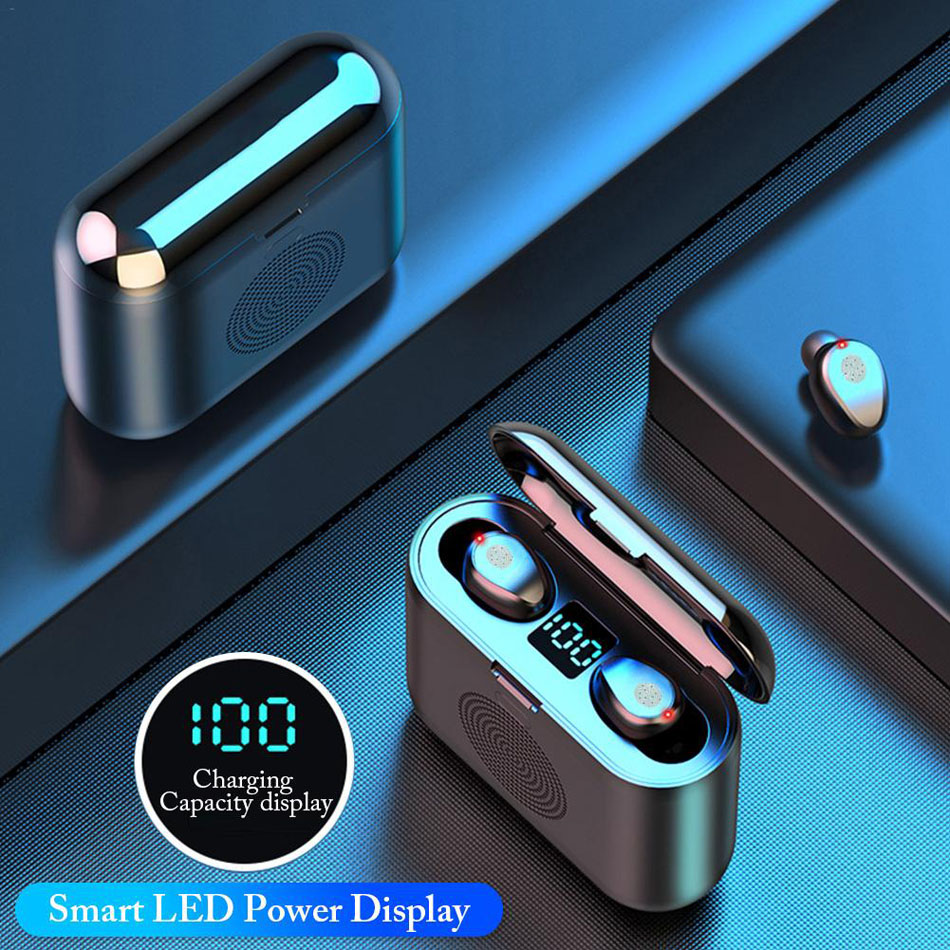 

F9 2 in 1 Wireless Earphone Bluetooth Speaker Mini TWS Headphones LED Display Sports Stereo Wireless Headset with Surround Sound Speaker, Black