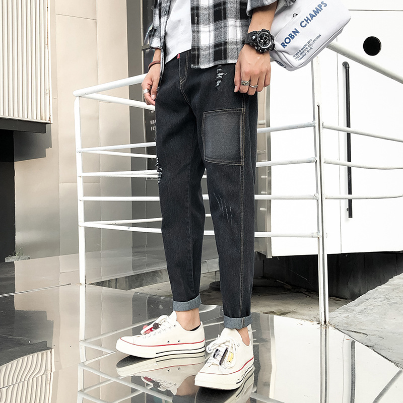 

Harajuku Stretch Denim Pants Solid Slim Fit Jeans Men Casual Biker Denim Jeans Male Street Hip Hop Vintage Trouser Harem Pants, Black