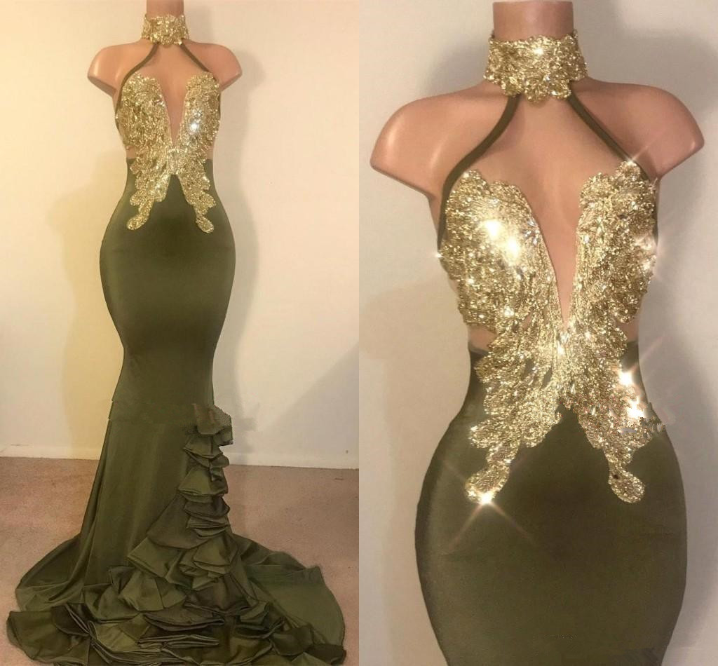 

2020 Real Photos Halter Satin Long Mermaid Prom Dresses Black Girls Lace Applique Beaded Layered Ruffles Sweep Train Evening Gowns, Gold