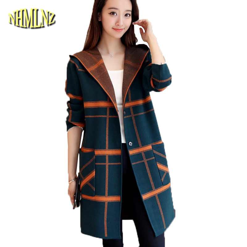 

2019 Autumn Long Sweater Coat Women Long sleeve Hooded Plaid Sweater Slim Cardigan Female Elegant Casual Knit DAN196, Gray