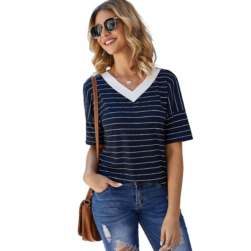 

V-Neck T-Shirt Summer Loose Short Sleeve Women Striped Tops Tee Shirts Women Clothes Summer, Navy blue