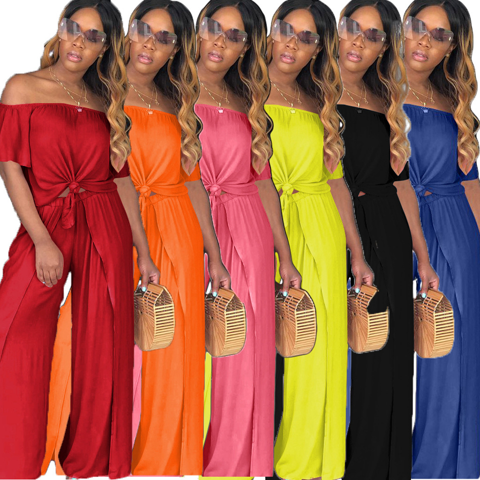 2022 New fashion casual off-the-shoulder explosion models loose solid color split sexy set, support mixed batch
