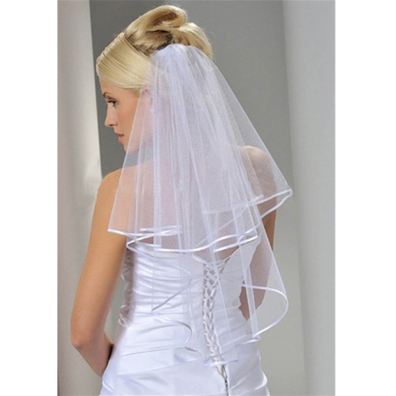 

Women Wedding Veils Two Layers 2T Tulle Ribbon Edge Bridal Veils Short White Ivory Veil for Wedding Accessories Hot Sale, Mixed colors