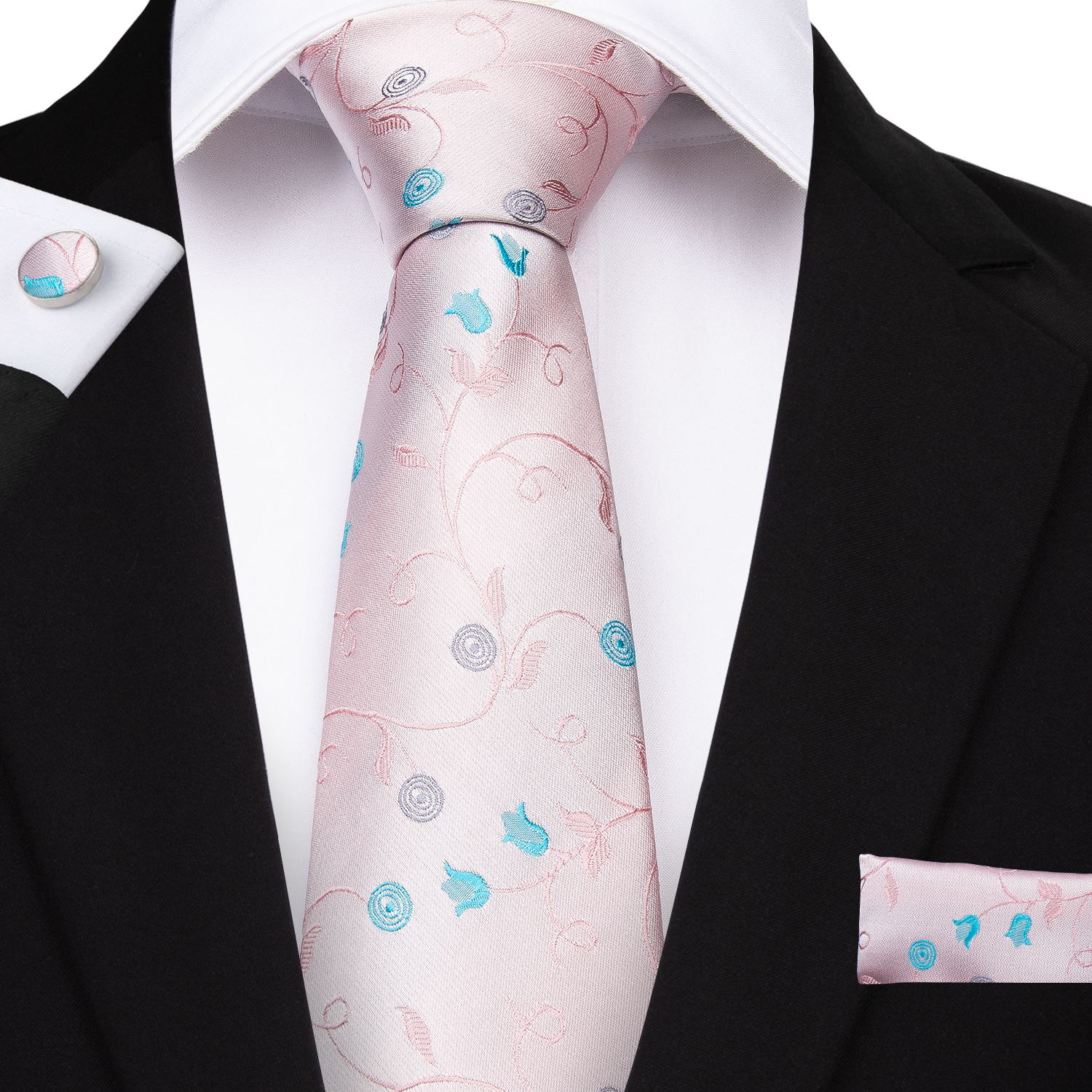 

Hi-Tie Lovely Bright Pink Floral Mens Tie 100% Silk Handmade Christmas Necktie 150cm Tie Hanky Cufflinks Weeding Party Tie, Black;blue