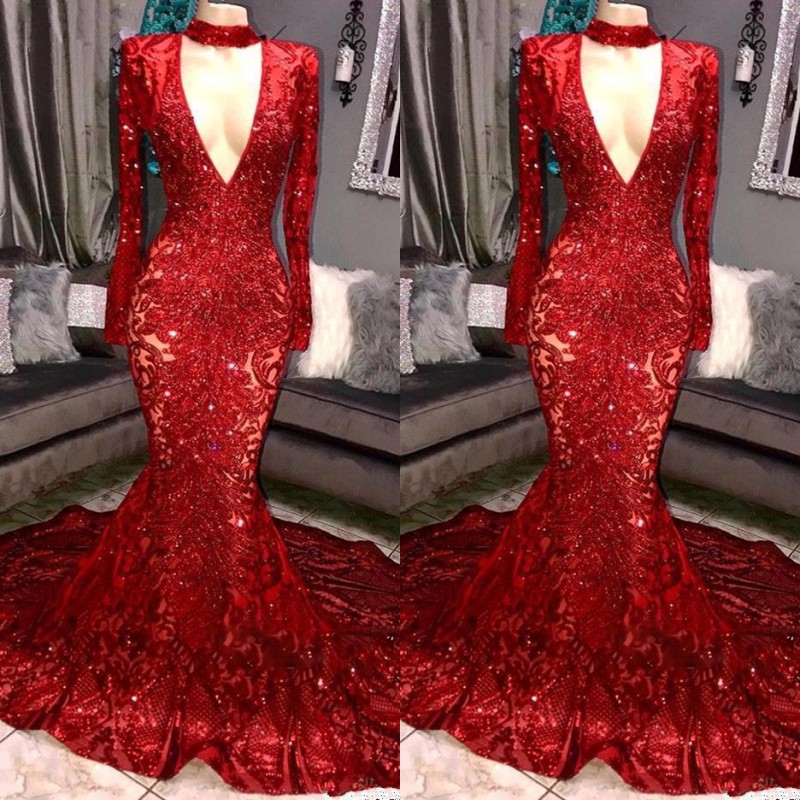 

Red Royal Blue Gorgeous Bling Sequins Prom Dresses Mermaid Long Sleeves V Neck Evening Dress Women Elegant Party Gowns BC0842, Dark navy