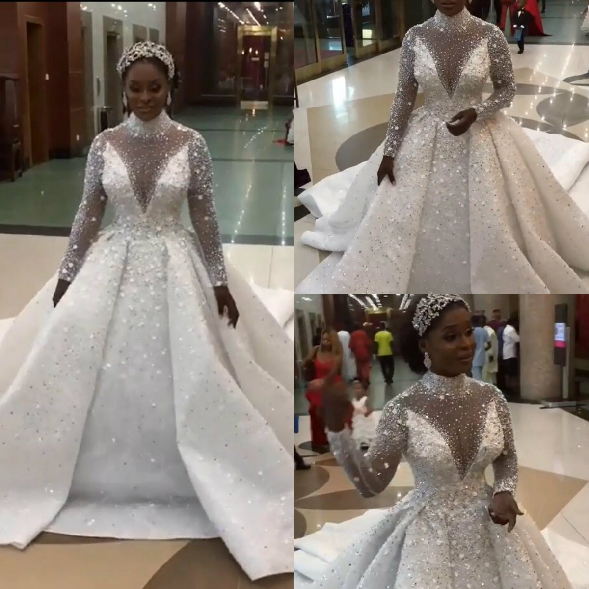 

Luxury High Collar Wedding Dresses 2020 Long Sleeves Crystal Beading Plus Size Bridal Gowns African Robe De Mariee, Purple