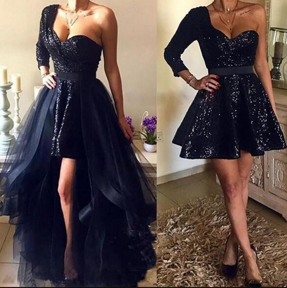 

Prom Dresses Charming Navy Sequins Fabric Detachable Train Sweetheart One Shoulder With Long Sleeves Ruffles Party Dress, Gray