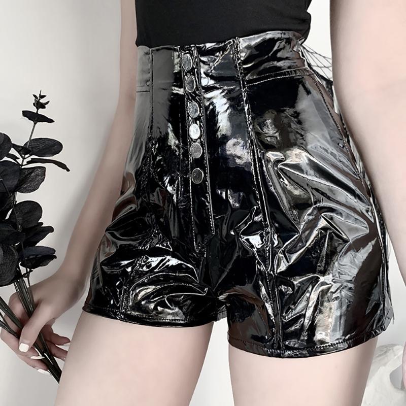 

Lychee Girls Sexy Button Zip PU Women Shorts Above Knee High Waist Summer Spring Black Color Silm Lady Shorts