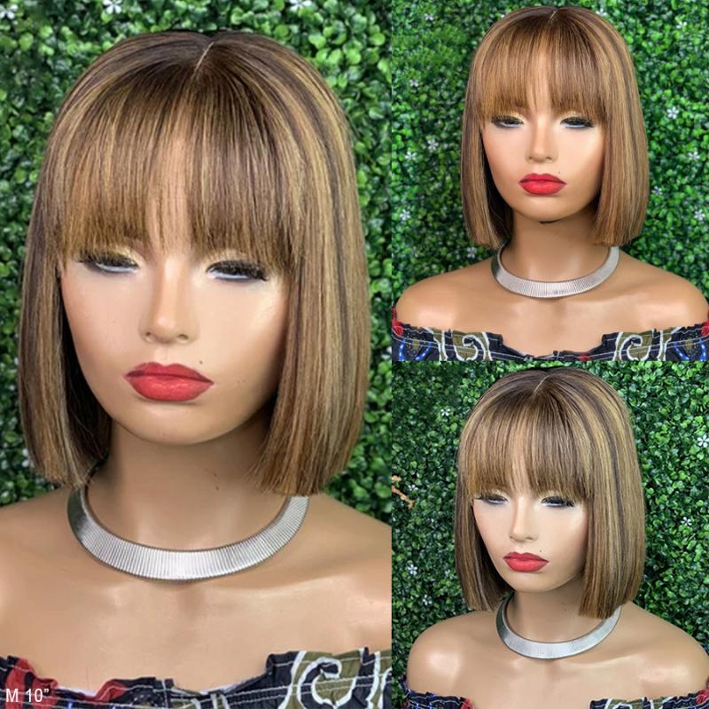 

Straight BOB Hair with Bangs 13x4 Lace Front Human Hair Wigs Pre Plucked 150% Ombre 4/27 Highlight BOB Wig Brazilian Remy, T427hl