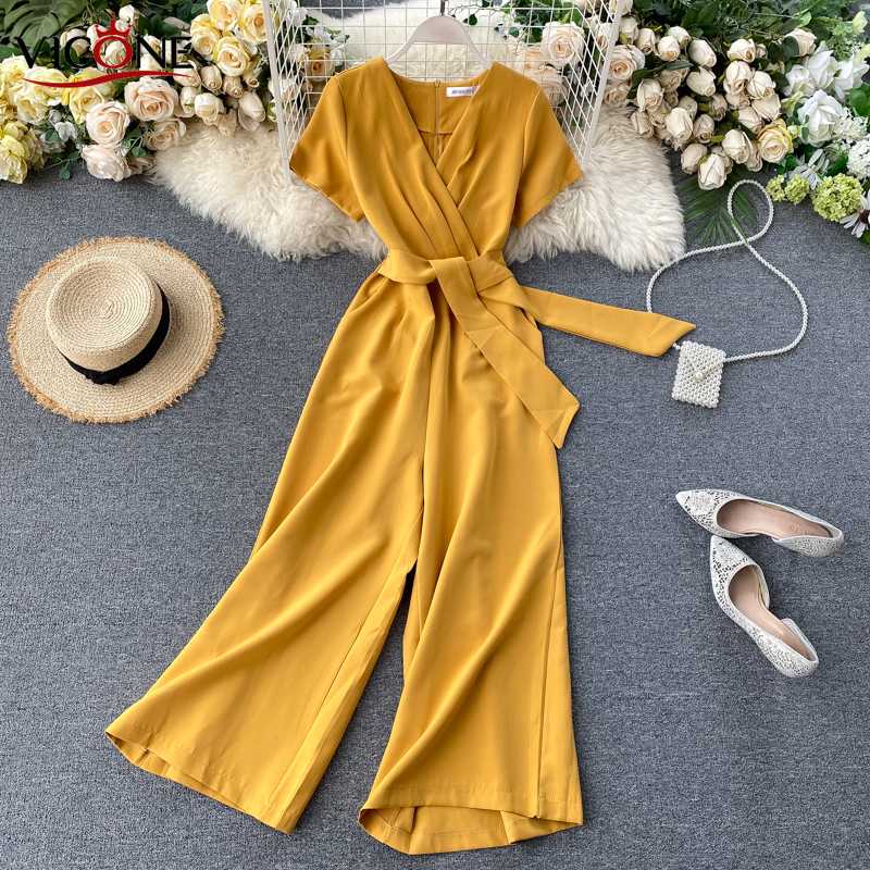 

VICONE 2020 Summer New Retro Fashion Style V-neck Short-Sleeve Waist Lace Wide-Leg Jumpsuits for Women, Black