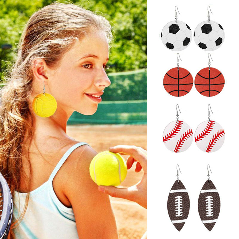 

New Fashion Statement Sports Style 3D Basketball Football Tennis Rugby Printed Pendant Earring Creative Leather Charms Earring for woman
