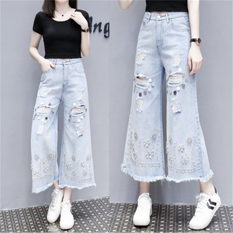 

2020 Summer Jeans Women High Waist Hole Big Bead Piece Beaded Nine Points Wide Leg Cowboy Pants Student Casual Denim Trousers, Light blue