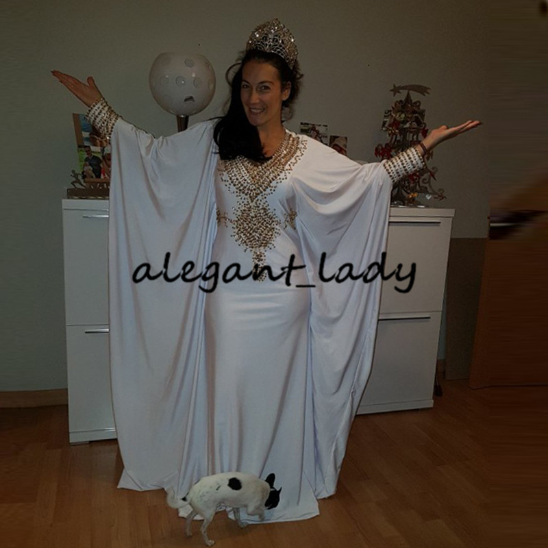

White Muslim Prom Dress Dubai Abaya Party Gown 2020 Moroccan Kaftan Arabic Evening Dress V-Neck Beaded Chiffon Long Sleeve, Lilac
