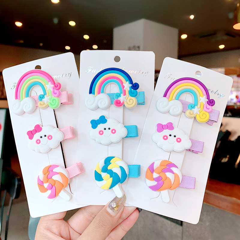 

New Arrival Korean Children Rainbow Cloud Lollipop Hairpin Set Cute Girl Baby Hairpin Side Clip Duckbill Clip Hair Accessories, Set 3