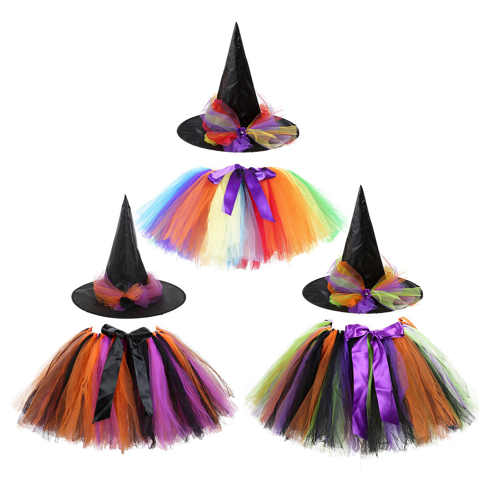 

Halloween Costume Skirt Rainbow Color Witch Suit Children Performance Dress + Hat Festival activities play Tutu Skirt Rainbow Color