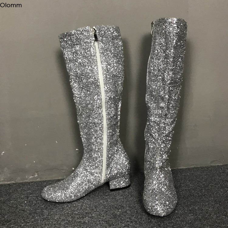Rontic New Fashion Women Knee High Glitter Boots Square Low Heels Boots Round Toe Silver Club Wear Shoes Women Plus US Size 5-15