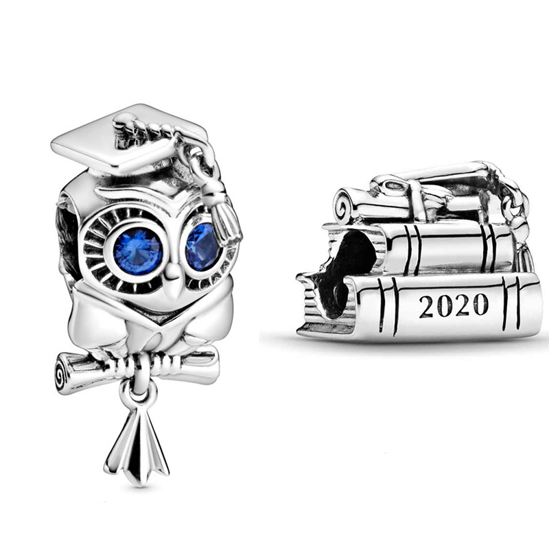 New Wise Owl and 2020 Graduation Books Charms 925 Sterling Silver Charm Fit Beads Bracelets Necklace DIY For Women Jewelry 798910C00