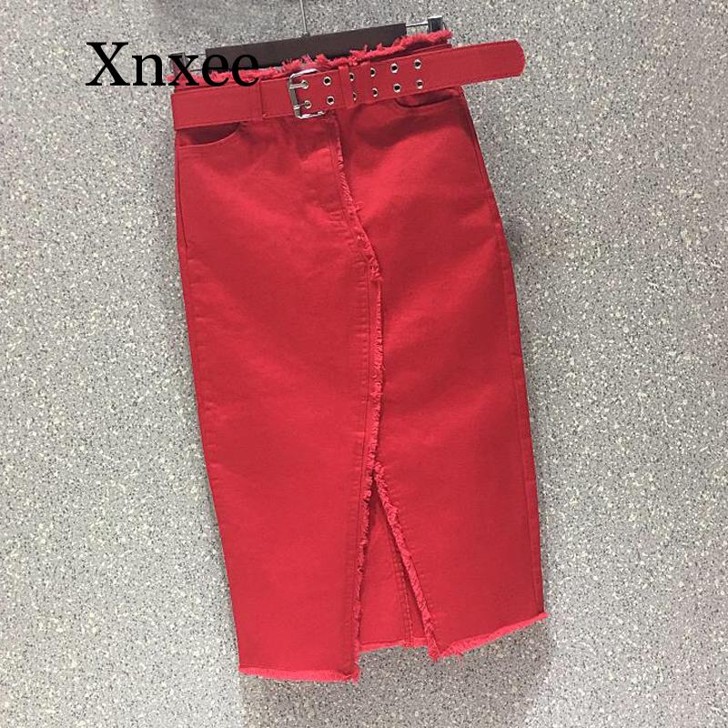

red Spring Summer Casual Women Lady Red Black Green High Waisted Tassel Stretch Pencil Denim Skirt , Womens Elastic Jeans Skirts, Yellow